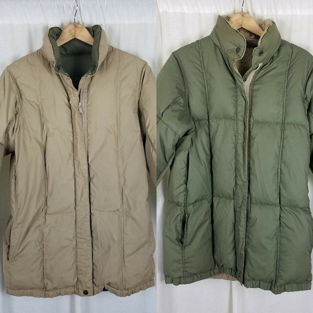Vintage Jr's Reversible Quilted Down Puffer Jacket Parka Mens S 70s Tan Olive